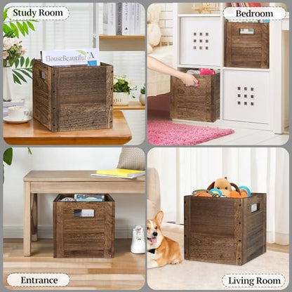 Y&ME YM Wood Storage Bins, Rustic Brown Decorative Wood Storage Box Wood Crates Container Cube Basket Bins Organizer for Home,Office,Closet,Shelf, 11” x 11” x 11”