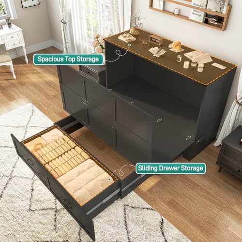 Hlivelood Queen Size Murphy Chest Bed with Drawer and Charging Station, Farmhouse Wood Space-Saving Hidden Folding Bed Chest, Multifunctional Storage Cabinet Beds for Bedroom, Office, Black Hlivelood
