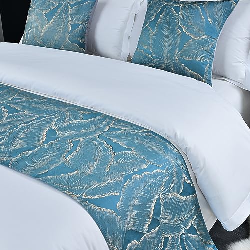 twelves Leaf Pattern Bedrunner Set, Jacquard Bed Scarf Luxury Single Bedding Protector Slipcover Bedroom Guestroom Inn Decor Blue twelves