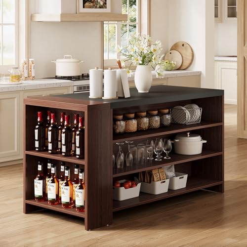 LITTLE TREE 55 Inches Modern Wooden Kitchen Island with Large Worktop & Leg Room, 4-Tier Storage Cabinet for Dining Room, Coffee Bar Table Cabinet for Living Room LITTLE TREE