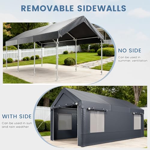 EROMMY Carport, 10' x 20' Heavy Duty Carport with Roll-up Windows，Portable Garage with Removable Sidewalls, Car Canopy with All-Season Tarp and Sandbags for Truck, Tractor, Boat, Gray EROMMY