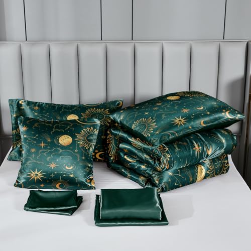 Sun and Moon Comforter Set Blue Green Satin Bedding King Stars Cloud Galaxy Comforter Mysterious Celestial Theme Silk Like Silky Bed in A Bag with Comforter and Sheets Bedorm