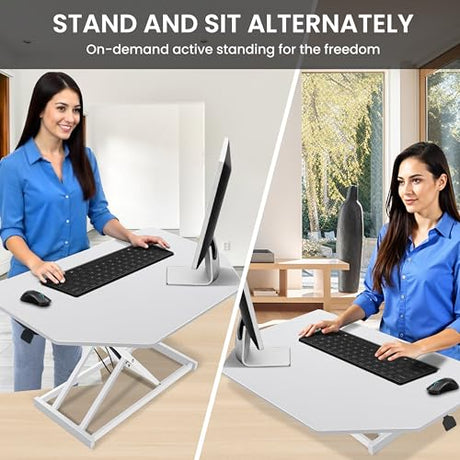 Aconcept 32 inch White Corner Height Adjustable Standing Desk Converter, One-Click Sit to Stand up Desk Riser, Pre-Assembled Dual Monitor and Laptop Workstation Aconcept