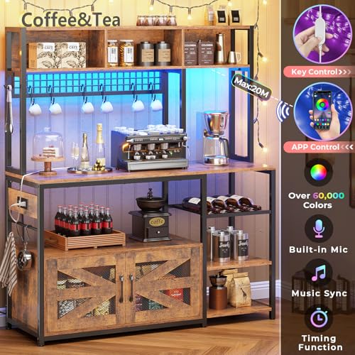 Itaar 47.2 Inch Rustic Brown Bakers Rack with Power Outlet & LED Light - Microwave Stand & Multi-Functional Coffee Bar Cabinet Itaar