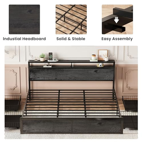 LIKIMIO King Size Bed Frame with 4 Storage Drawers, 2-Tier Storage Headboard with Charging Station, Double Bed Frame King Size for Bedroom, No Box Spring Needed, Easy Assembly, Charcoal Grey LIKIMIO