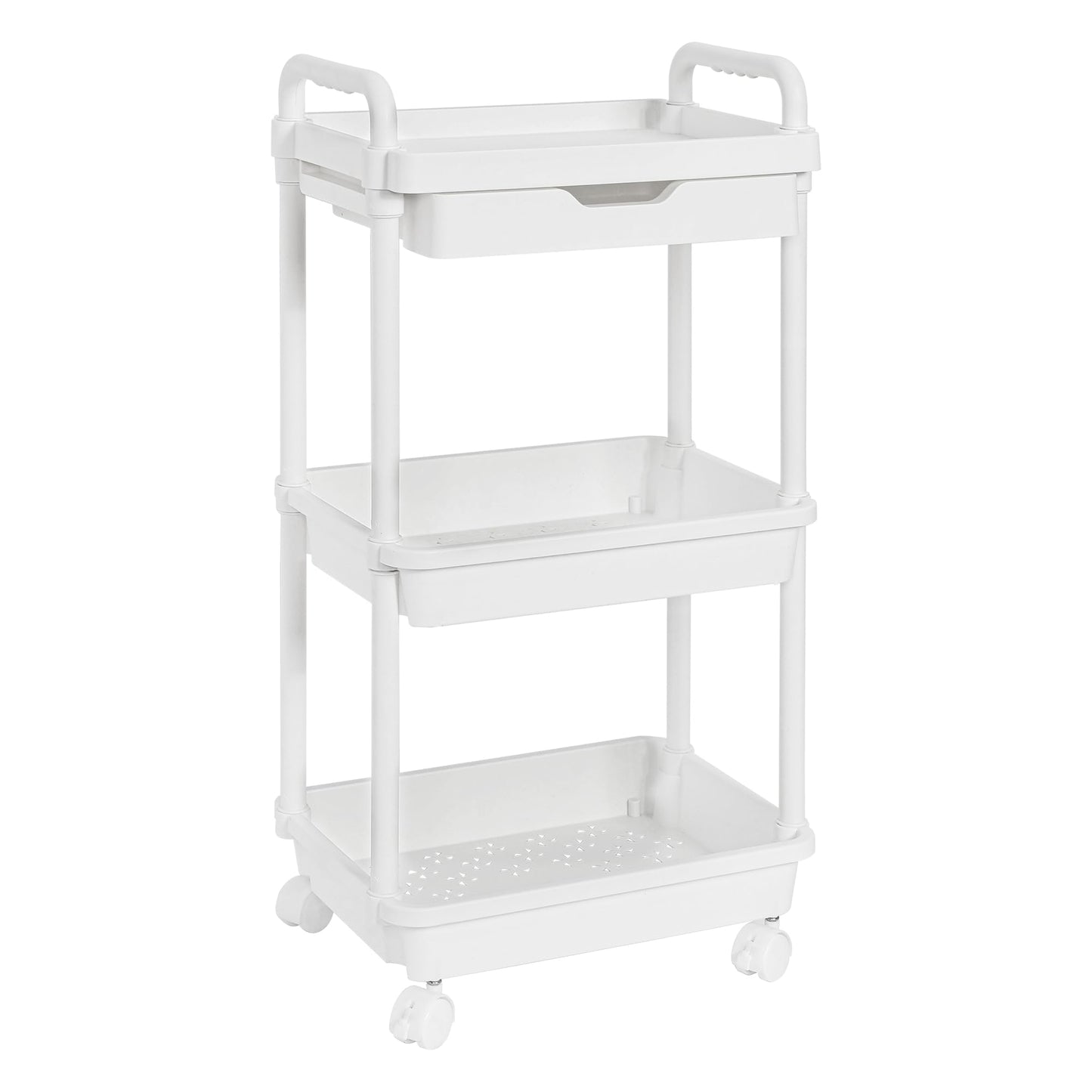 Vtopmart 3-Tier Rolling Utility Cart with Drawer, Plastic Storage Cart Trolley with Lockable Casters, Multifunctional Storage Basket Organizer Shelves, Easy Assemble for Bathroom, Kitchen