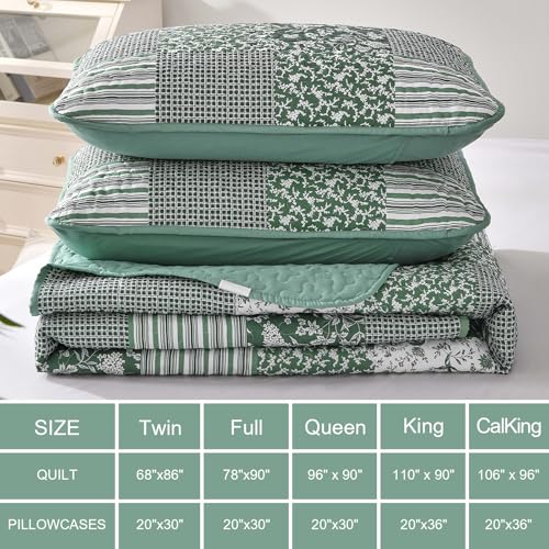 Mybedsoul Green Quilt Set Full Size, 3 Pieces Plaid Floral Bedspread Set Patchwork Reversible Bedding Set Microfiber Lightweight Bedspread Coverlet Set for All Season 78"x90" Mybedsoul