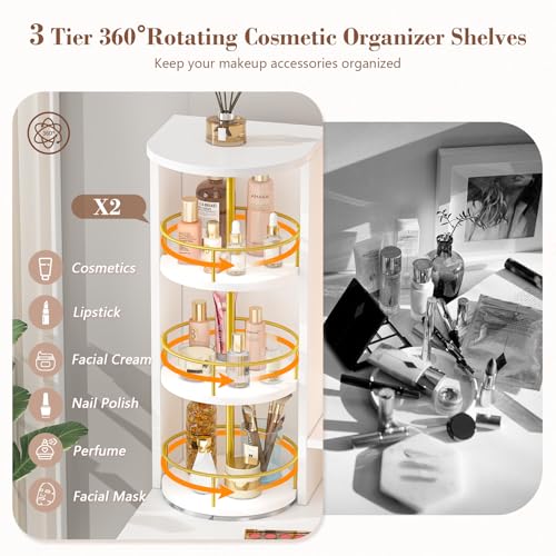 Vanity Desk with LED Mirror and 360 Rotating Makeup Organizer Shelves, White Makeup Vanity with Lights & Charging Station, Large Vanity Table with 6 Storage Drawers Bedroom Makeup Desk for Women Girls CSZZD