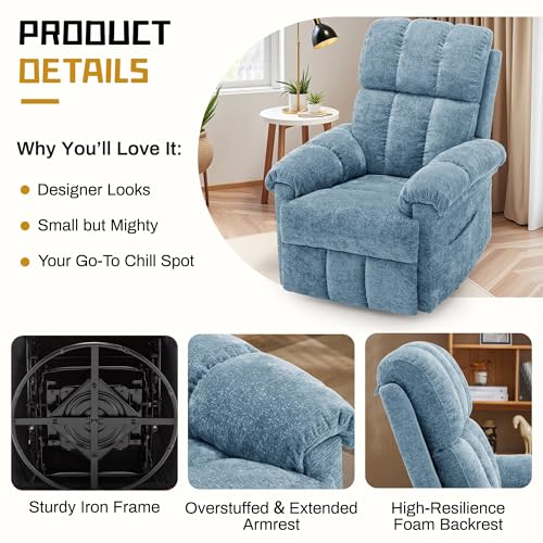Korser Recliner Chair, Swivel Rocker Recliner Chair for Adults, Small Recliners for Small Spaces, Manual Recliner Chair with Side Pockets, Nursery Rocking Chair for Living Room, Chenille, Airy Blue