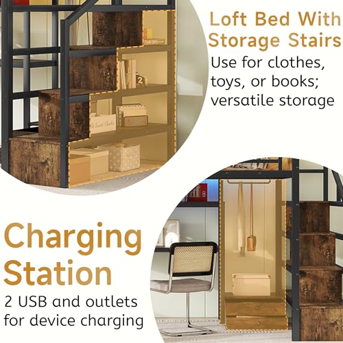 Full size Loft Bed with LED Light and Stairs, Metal Loft Bed Frame with Desk, Storage Drawers & Shelves, Hanging Rod, Gaming Lofts Beds with Charging Station for Adults Teens Kids Gamer, Black Mirightone