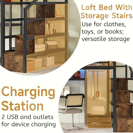 Full size Loft Bed with LED Light and Stairs, Metal Loft Bed Frame with Desk, Storage Drawers & Shelves, Hanging Rod, Gaming Lofts Beds with Charging Station for Adults Teens Kids Gamer, Black Mirightone