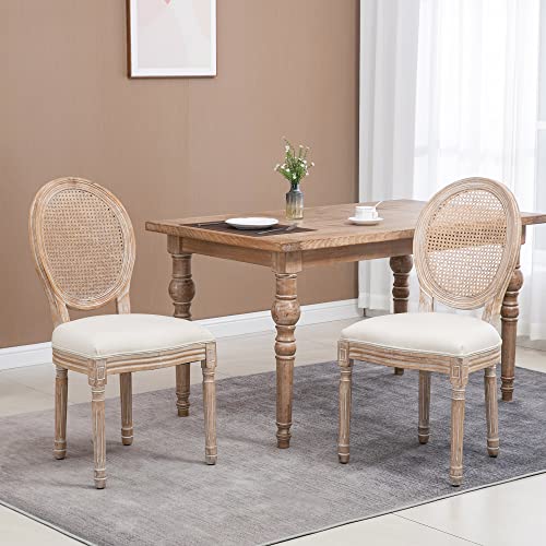 HOMCOM French-Style Upholstered Dining Chair Set, Armless Accent Side Chairs with Rattan Backrest and Linen-Touch Upholstery, Set of 2, Cream White - WoodArtSupply