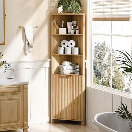 VINGLI 68" Tall Corner Cabinet with Fluted Doors,Corner Bathroom Storage Cabinet Pantry Hutch Display Shelves Adjustable for Kitchen, Living Room Modern Space Saver Shelf Bathroom Furniture,Oak VINGLI