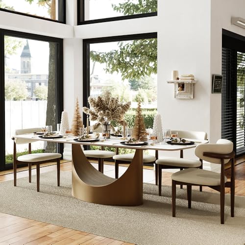 POVISON 94" Modern Dining Table for 8-10, Hobart Matte White Dining Room Table, Sintered Stone Tabletop with Bronze Carbon Steel Pedestal, 94 inch Rectangle Dining Table (Table Only) POVISON