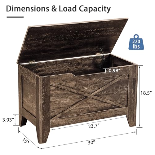 VECELO 30.5" W Farmhouse Storage Bench with Handwoven Wicker-Style Cushion, Entryway Shoe Ottoman with Metal Safety Hinges, Rustic Shoe Bench for Bedroom, Living Room, or Entryway, Brown VECELO