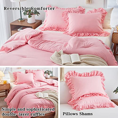 Pink Ruffled Comforter Set Twin Size, 3 Pieces (1 Ruffled Comforter and 2 Pillowcases) Farmhouse Shabby Chic Style with 2 Layers Ruffle, Solid Color Lightweight Soft Fluffy Bedding Sets for Girls Flysheep