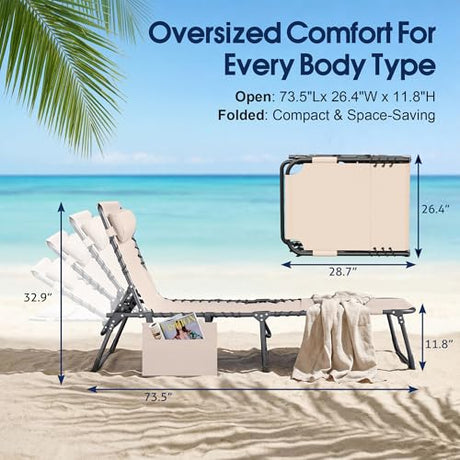 Flamaker Oversize Face Down Chaise Lounge Chair, 27 Inch Wide Foldable Outdoor Patio Chair, 5-Position Adjustable Tanning Chair with Face& Arm Holes for Sunbathing, Pool, Beach, Lawn (Beige, 1 Pcs) Flamaker