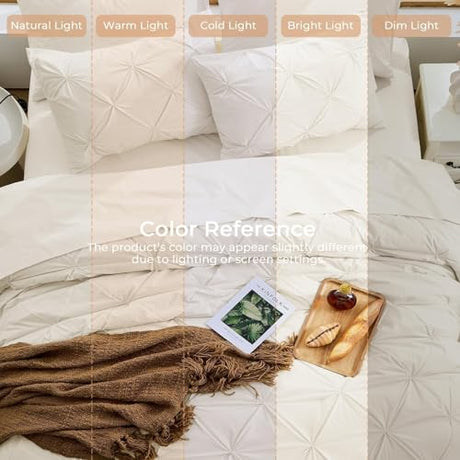 Sasttie Full Size Comforter Set, 7-Piece Bed in a Bag Double, Pintuck Bedding Set for All Season, Includes Comforter, Flat Sheet, Fitted Sheet, Pillowcases and Pillowshams, Beige Sasttie