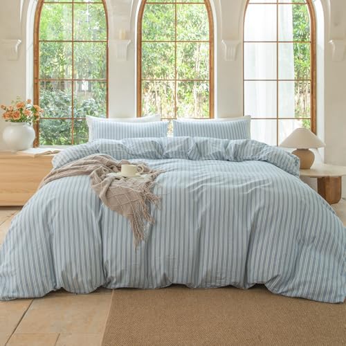 BESTDESIL Luxury 100% Washed Cotton Linen Like Duvet Cover Set,3 Pcs Striped Duvet Cover with Zipper Closure(Strip-Cornflower Blue/White,Queen) BESTDESIL