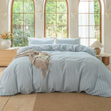 BESTDESIL Luxury 100% Washed Cotton Linen Like Duvet Cover Set,3 Pcs Striped Duvet Cover with Zipper Closure(Strip-Cornflower Blue/White,Queen) BESTDESIL