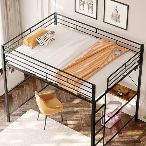 VINGLI Loft Bed Full Size with 15 Inches Extra Tall Guardrail, LED Lights and Desk Underneath, Industrial Metal Double High Sleeper with 2 Charging Stations and Flat Rung Steps, Space Saving,Black VINGLI