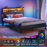 Rolanstar Queen Bed Frame with Storage Headboard & Side Shelf, Metal Platform Bed with Charging Station, LED Bed Frame, Easy Assembly, Noise-Free, Black Rolanstar