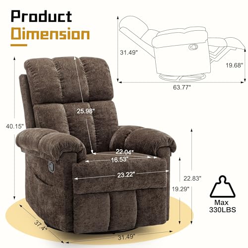 Korser Recliner Chair, Swivel Rocker Recliner Chair for Adults, Small Recliners for Small Spaces, Upholstered Manual Recliner with Side Pockets, Nursery Rocking Chair for Living Room, Chenille, Brown