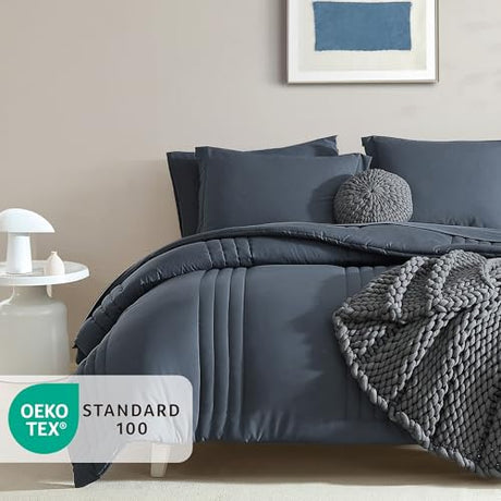 Monbix King Size Comforter Set - 7 Pieces Bed in a Bag King, Blue Gray Bedding Sets with Comforter, All Seasons Comforter Bed Set with Sheets, Pillowcases & Shams Monbix