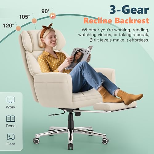 GABRYLLY Office Criss Cross Chair with Footrest, Big and Tall Executive Chair with Wide Seat,Reversible Armrest,Wheels, Lumbar Pillow and 120°Tilt,Computer Desk Chair for Gaming,Meditation,Ivory GABRYLLY
