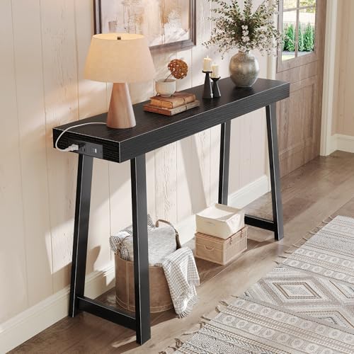 Huuger Entryway Console Table with Charging Station, USB-C Port, 47.2 Inch Sofa Table with Metal Legs, Entry Hallway Table with Thicker Desktop, Modern Behind Couch Table, Black Huuger
