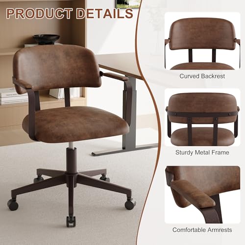 BFZ Mid Century Retro Home Office Desk Chair with Back, Faux Leather Adjustable Height Rolling Swivel Computer Task Armrests Chair for Home Office, Brown BFZ