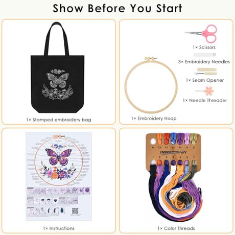 ERKOON Canvas Tote Bag Embroidery Kit for Beginners, Needlepoint Arts Crafts Cross Stitch Kits for Adults Including Stamped Embroidery Bag with Hoops, Needle, Instruction and Color Threads (Butterfly) ERKOON