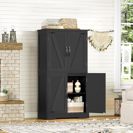 TEENFON Farmhouse Storage Cabinet with 2 Adjustable Shelves, Kitchen Cabinet with 4 Doors, Cupboard for Kitchen, Living Room, Black TEENFON