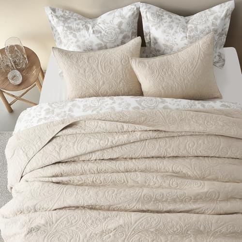 EVERGRACE 100% Cotton Paisley Quilt Set, King Size 3 Piece Set – Prewashed Lightweight Bedspread with 2 Shams, Soft & Breathable Matelasse Coverlet for All-Season Comfort, Flax Beige EVERGRACEHOME