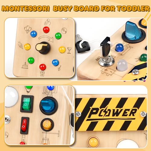 Joyreal Montessori Toddler Busy Board, 19 Led Wooden Sensory Board Educational Toys with 10 Switch Light Designs, Early Fine Activity Motor Skills Travel Toys for Toddlers Boys and Girls - WoodArtSupply