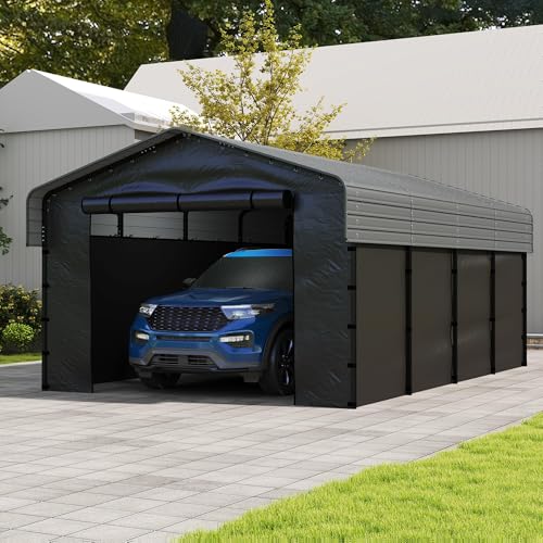 Real Relax 12'x20' Heavy Duty Metal Carport, Outdoor Garage Car Shelter Shade with Galvanized Roof & Removable Sidewalls, Heavier Metal Frame for Car and Boats, Truck Grey Real Relax