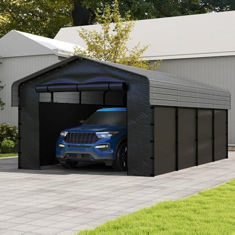 Real Relax 12'x20' Heavy Duty Metal Carport, Outdoor Garage Car Shelter Shade with Galvanized Roof & Removable Sidewalls, Heavier Metal Frame for Car and Boats, Truck Grey Real Relax