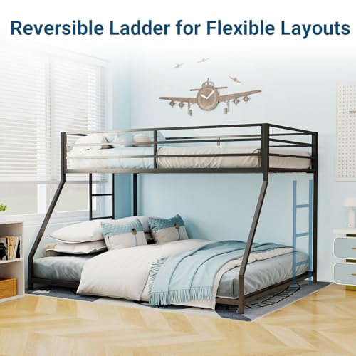 Rovibek Metal Bunk Bed Twin Over Full - Low Bunk Beds with Ladder and Guardrail, Heavy Duty Bunk Beds for Adults & Teens, No Box Spring Needed, Black Rovibek