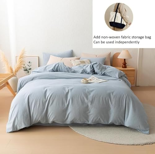 linenestbedding 100% Washed Cotton Duvet Cover Set Queen Size with Bag, Ultra Soft and Lightweight, All Season Bedding with Zipper and Ties, Minimalist Neutral Style (Dusty Blue, Queen(90"x90")) linenestbedding