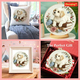 Zhenqing Dog on Books Embroidery Kit for Beginners, Pre-Printed 29x29cm Circular Cotton Fabric with 20cm Hoop, Cozy Pet and Hydrangea Floral Design for Home Decor (C0206)