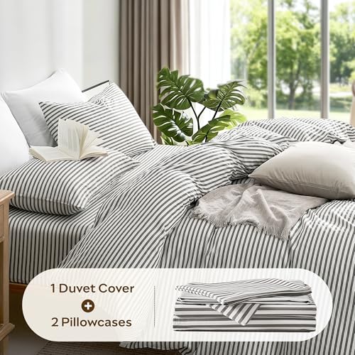 JELLYMONI 100% Natural Cotton 3pcs Striped Duvet Cover Sets,White Duvet Cover with Grey Stripes Pattern Printed Comforter Cover,with Zipper Closure & Corner Ties(Queen Size) JELLYMONI