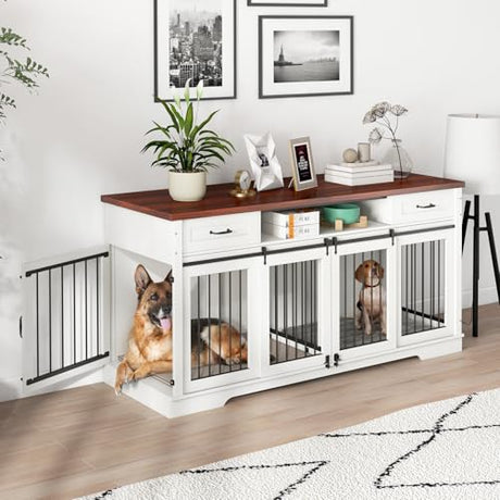 Livofloral 71”Double Dog Crate Furniture for 2 Dogs, Heavy Duty Dogs Kennel Furniture with Removable Divider & Drawers, End Table Dog Crate with Sliding Barn Doors, Extra Large TV Stand, White Brown Livofloral