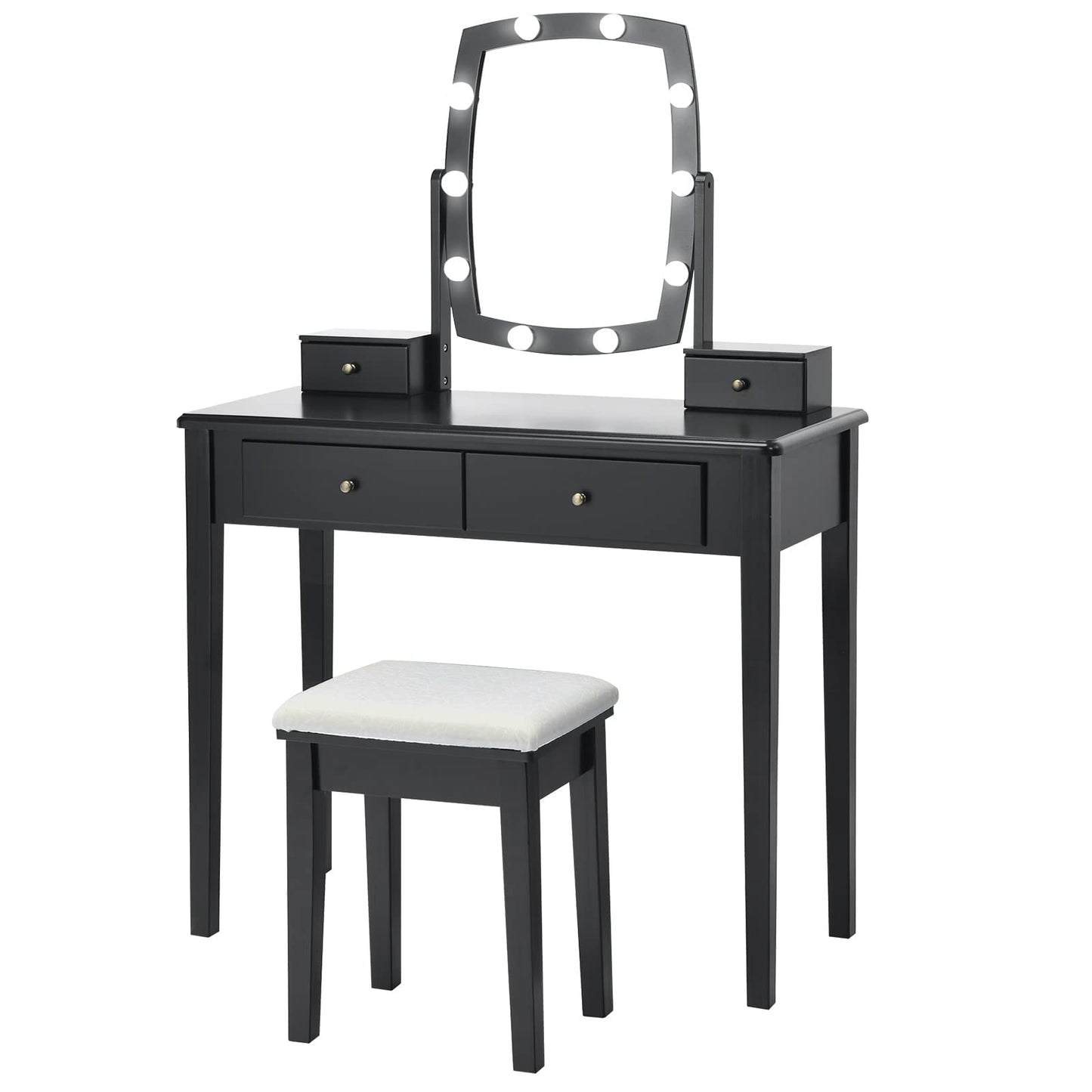 CHARMAID Vanity Table Set with Lighted Mirror, 10 LED Bulbs Adjustable Brightness, 4 Drawers 2 Dividers, Modern Bedroom Makeup Desk Dressing Table with Cushioned Stool for Girls Women (Black)