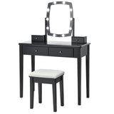 CHARMAID Vanity Table Set with Lighted Mirror, 10 LED Bulbs Adjustable Brightness, 4 Drawers 2 Dividers, Modern Bedroom Makeup Desk Dressing Table with Cushioned Stool for Girls Women (Black) CHARMAID