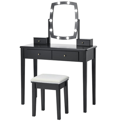 CHARMAID Vanity Table Set with Lighted Mirror, 10 LED Bulbs Adjustable Brightness, 4 Drawers 2 Dividers, Modern Bedroom Makeup Desk Dressing Table with Cushioned Stool for Girls Women (Black)