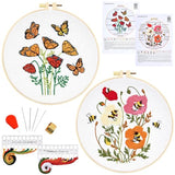 Flowers Embroidery Kits for Beginners Adults, Butterfly Hand Embroidery Starter Kits, Bee Cross Stitch Kits for Beginner Needlepoint DIY Kits for Adult, 2 Set Embroidery Hoops, Thread & Video Tutorial