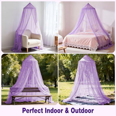 LionLively Purple Bed Canopy for Girls with Glow-in-The-Dark Stars, Princess Canopy Curtains Fits Single, Twin, Full, Queen Size Bed, Bedroom Accessories, Ceiling Tent LionLively