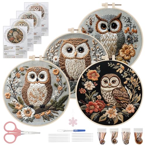 WHQLANG 4 Sets Owl Embroidery Kit, 8.1" Hoops, Embroidery Kit for Beginners to Advanced, Cross Stitch Kits,Inchlude Water Soluble Pattern, Needles,Threads, Template Tools