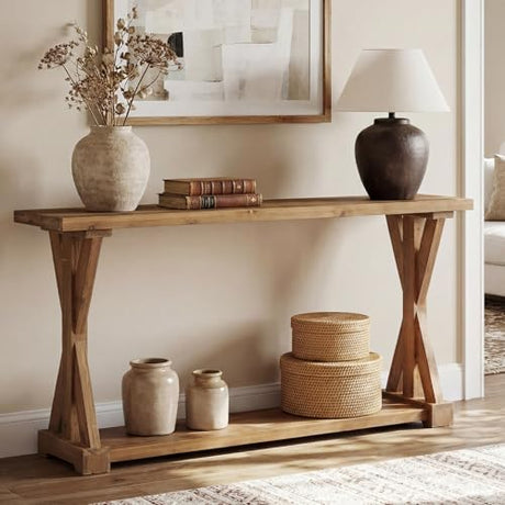 TRIBEWOOD Solid Wood Console Table for Entryway, 63-Inch Narrow Farmhouse Entryway Table with Storage, 2-Tier Sofa Console Behind Couch, for Living Room, Hallway, Easy Assembly, Rustic Brown TRIBEWOOD