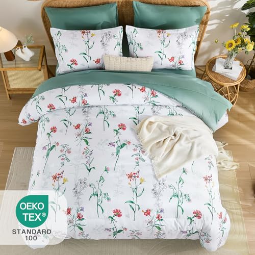 Drucon Comforter Set King Size, 7 Pieces White Green Floral Botanical Comforter Sets, Reversible Bed in a Bag Soft Lightweight Microfiber Bedding Sets for All Seasons (90"x104") Drucon
